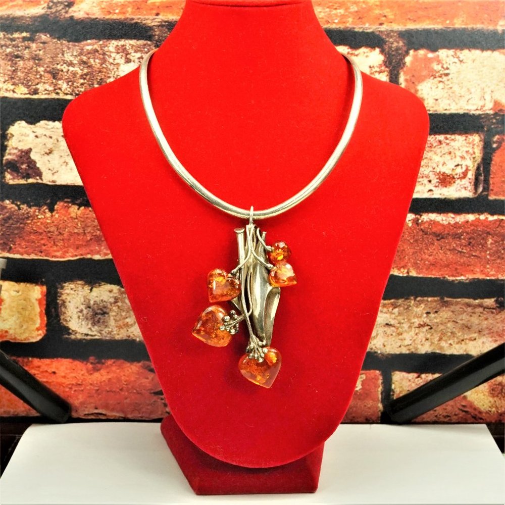 MASSIVE AMBER STERLING PENDANT & BROOCH WITH OMEGA WIRE NECKLACE, RARE JEWELRY